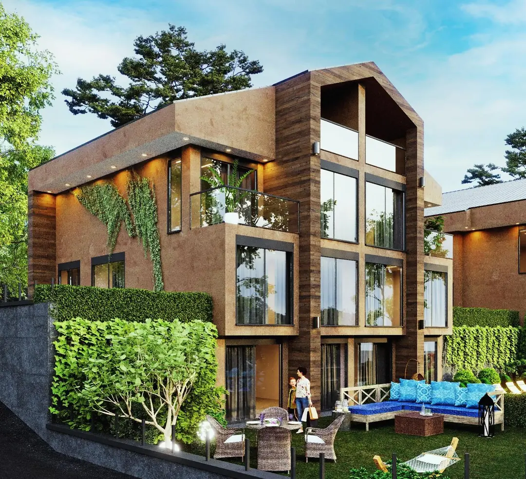 Balibey Ahşap Çerçeveli Evler: sarmaşıklı köşe ve bahçe oturma alanı (3D görselleştirme)