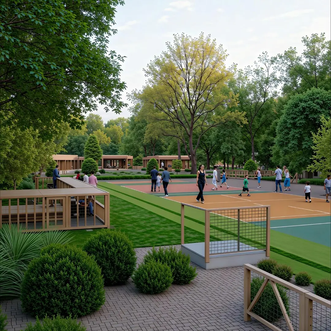 Beyaz Park Evleri, Ahmetli: ağaçlar arasında spor sahası ve ahşap köşklü park (3D görselleştirme)