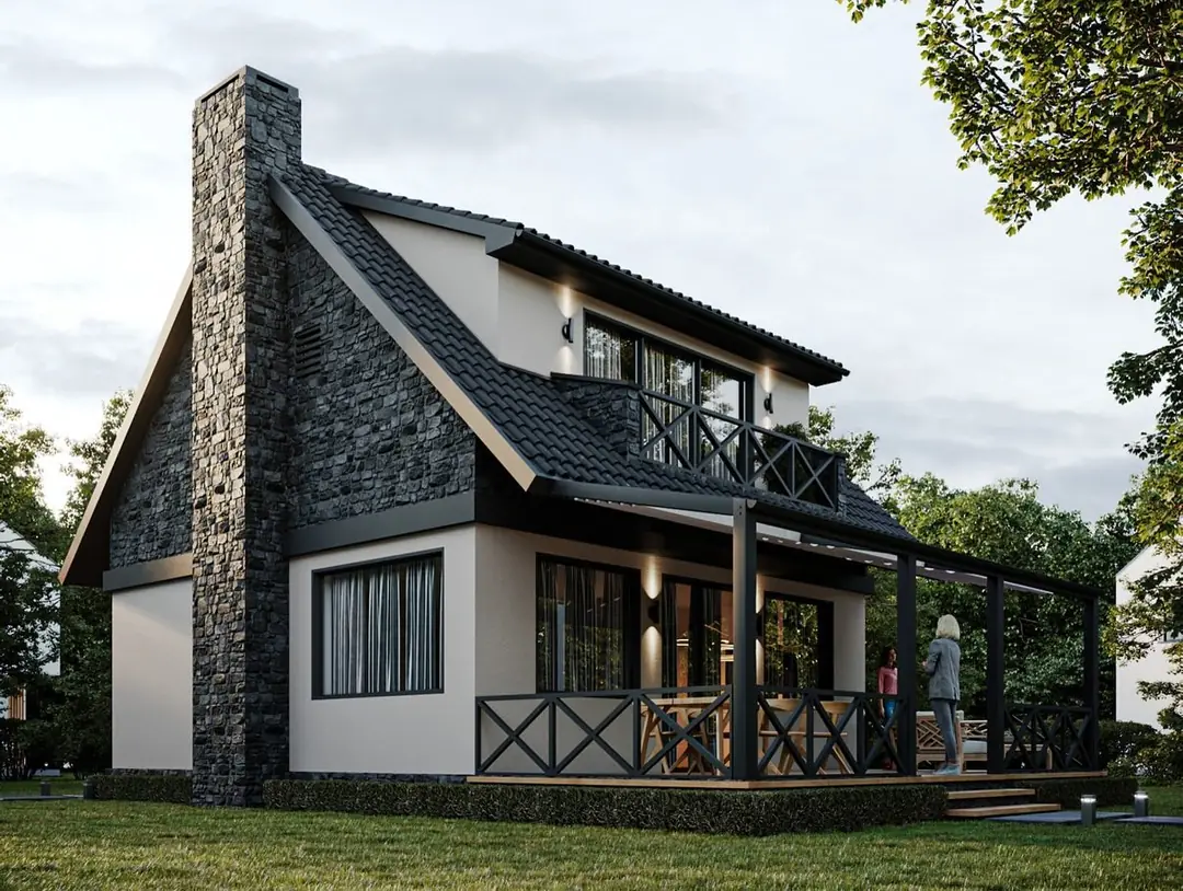 Yaka Evi: taş baca, kapalı veranda ve dik çatı (3D görselleştirme)